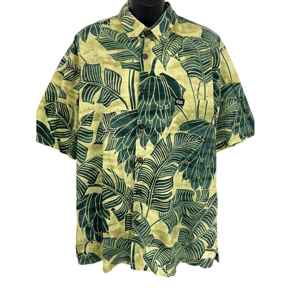 Rix Mens Hawaiian Short Sleeve Shirt Green Leaf Large Cotton Casual Aloha EUC